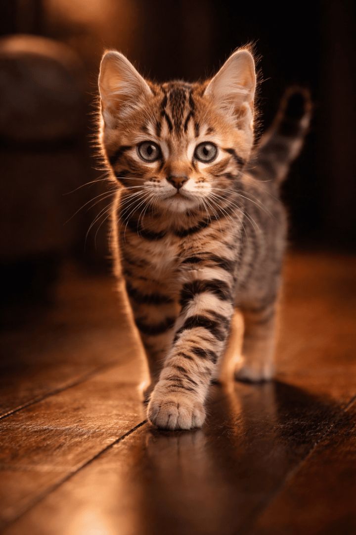 Curious Bengal kitten on hardwood floor wallpaper