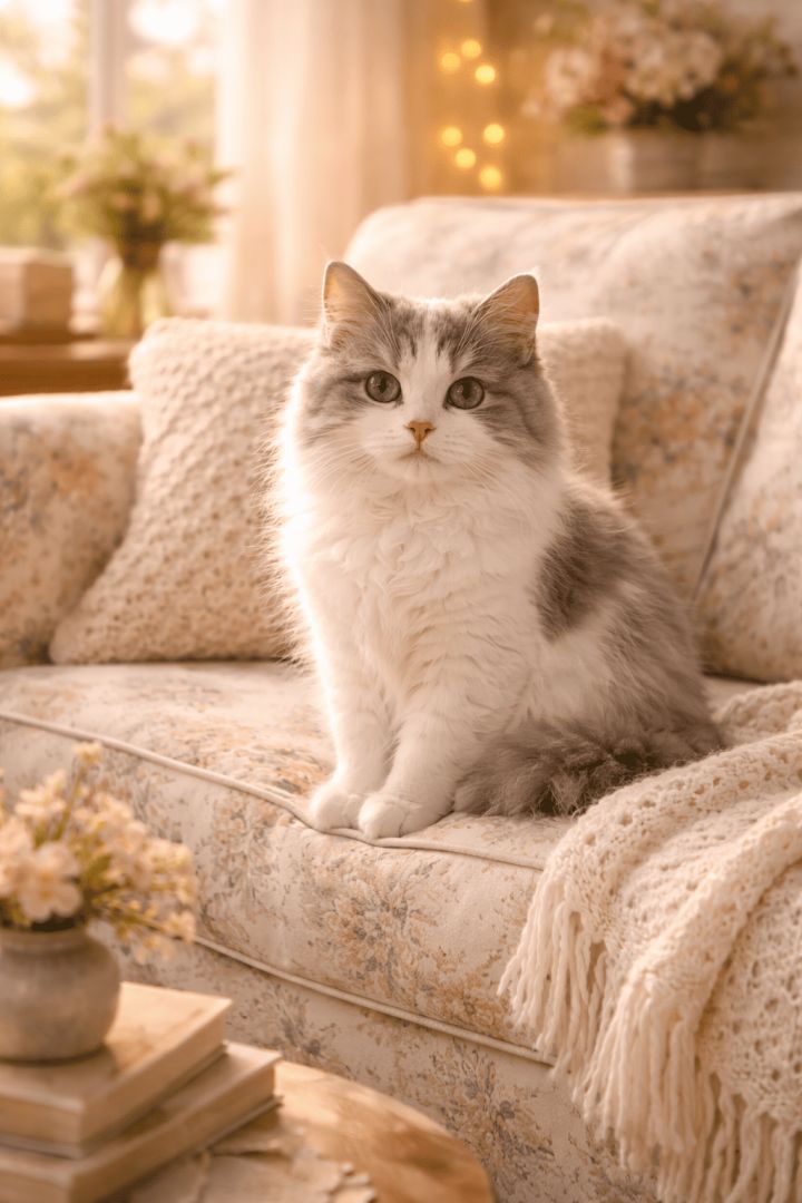 Curious cat on vintage sofa cat wallpaper