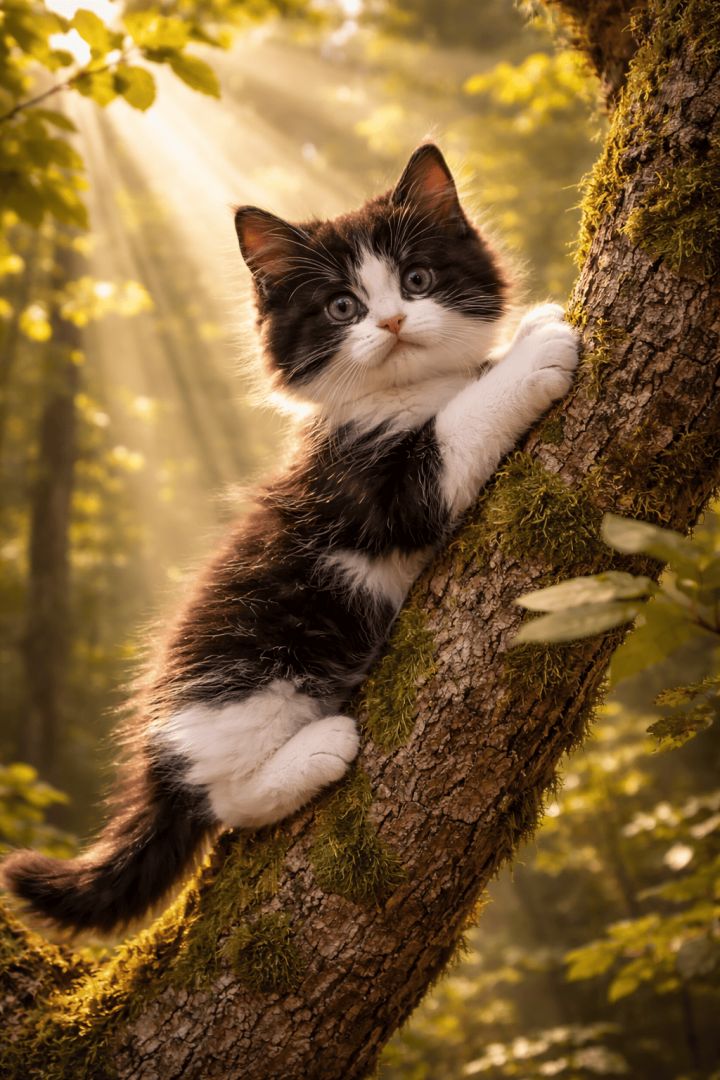 Curious kitten in a sunlit forest wallpaper