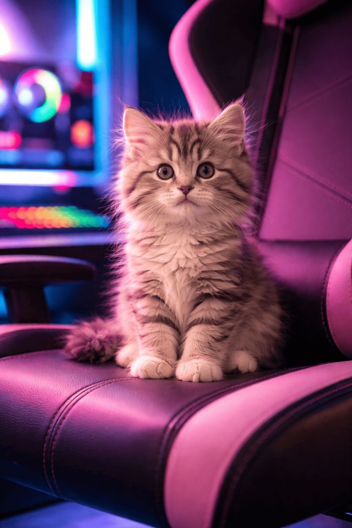 Curious kitten in vibrant gaming setup cat wallpaper