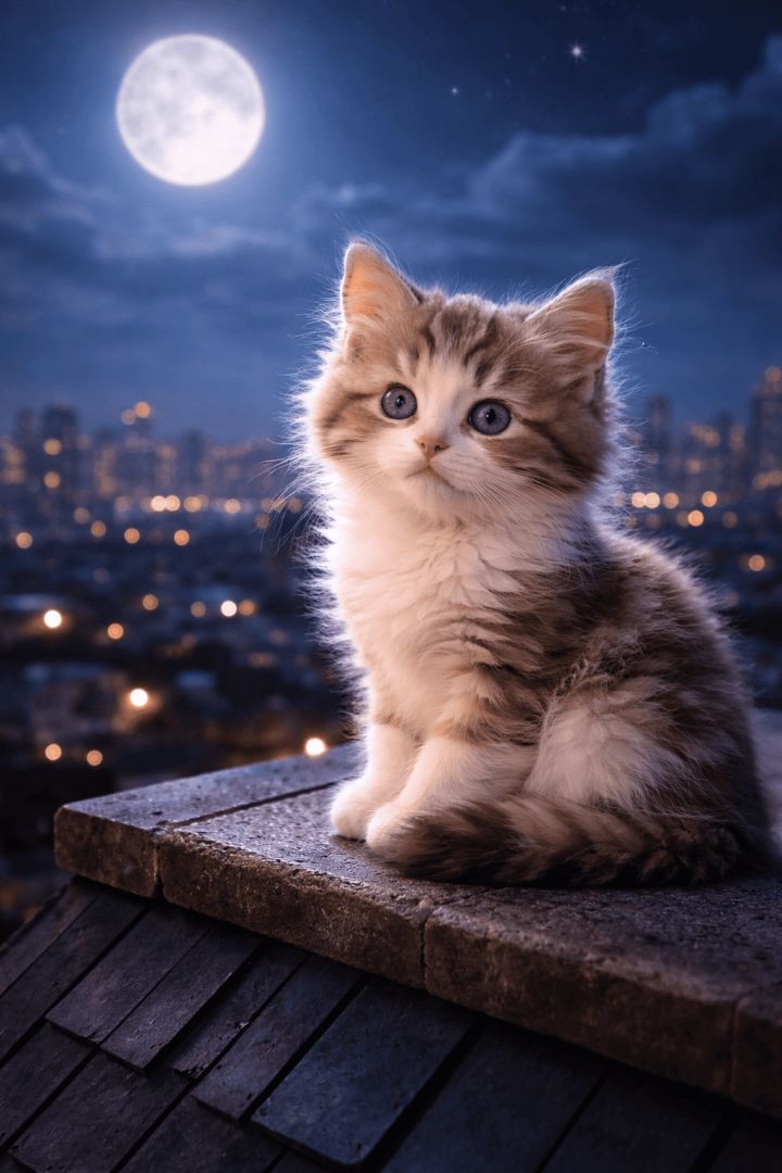 Curious kitten under city lights wallpaper