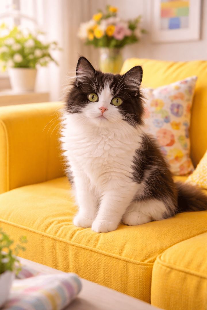 Curious tuxedo cat on yellow sofa cat wallpaper