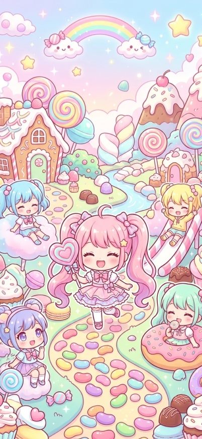 cute anime chibi characters in candy world anime wallpaper