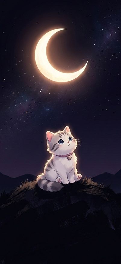 Cute Cat Under Crescent Moon Night Mobile Wallpaper 4K wallpaper