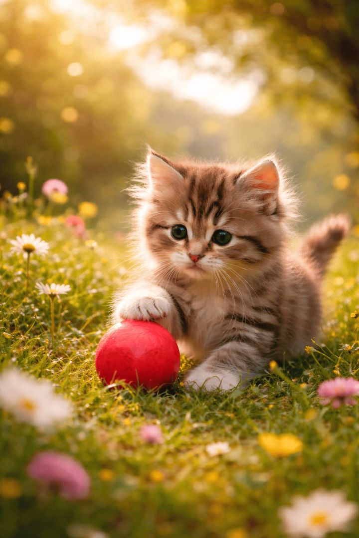 Cute Fluffy Kitten Playing with Red Ball in Flower Meadow 4K Mobile Wallpaper wallpaper