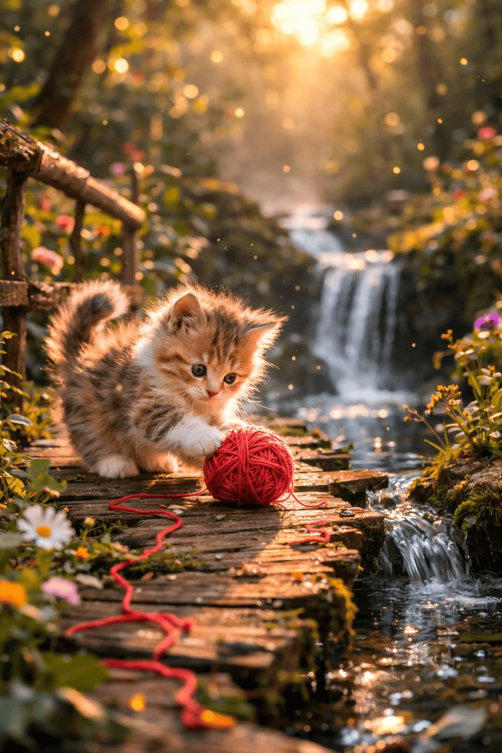 Cute Kitten Playing with Yarn Ball on Wooden Bridge Waterfall Wallpaper wallpaper