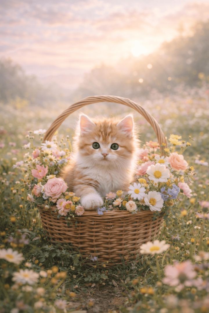 Cute Kitten Sitting in Flower Basket in Countryside Meadow Wallpaper wallpaper