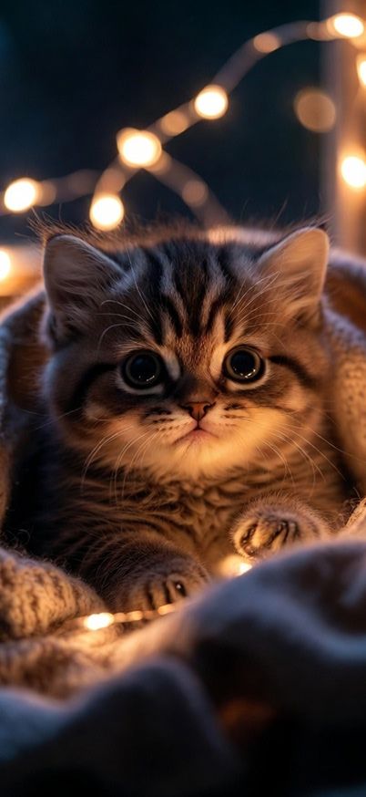 cute kitten wrapped in a soft blanket with fairy lights around wallpaper