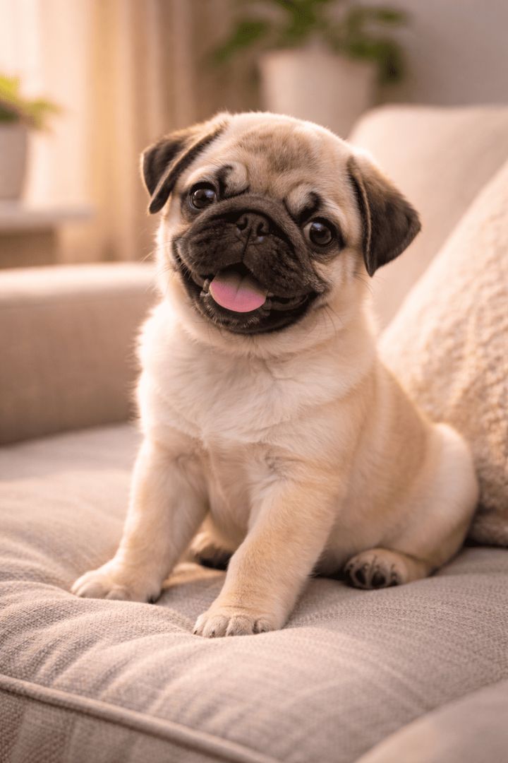 Cute pug puppy on cozy sofa dog wallpaper