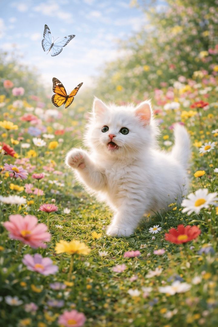 Cute White Kitten Chasing Butterflies in Spring Flower Garden Wallpaper wallpaper