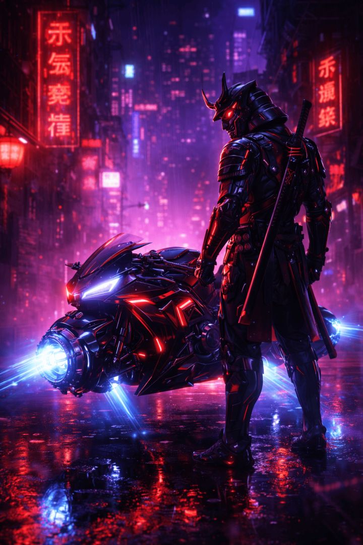 Cyber samurai and neon-lit motorcycle wallpaper
