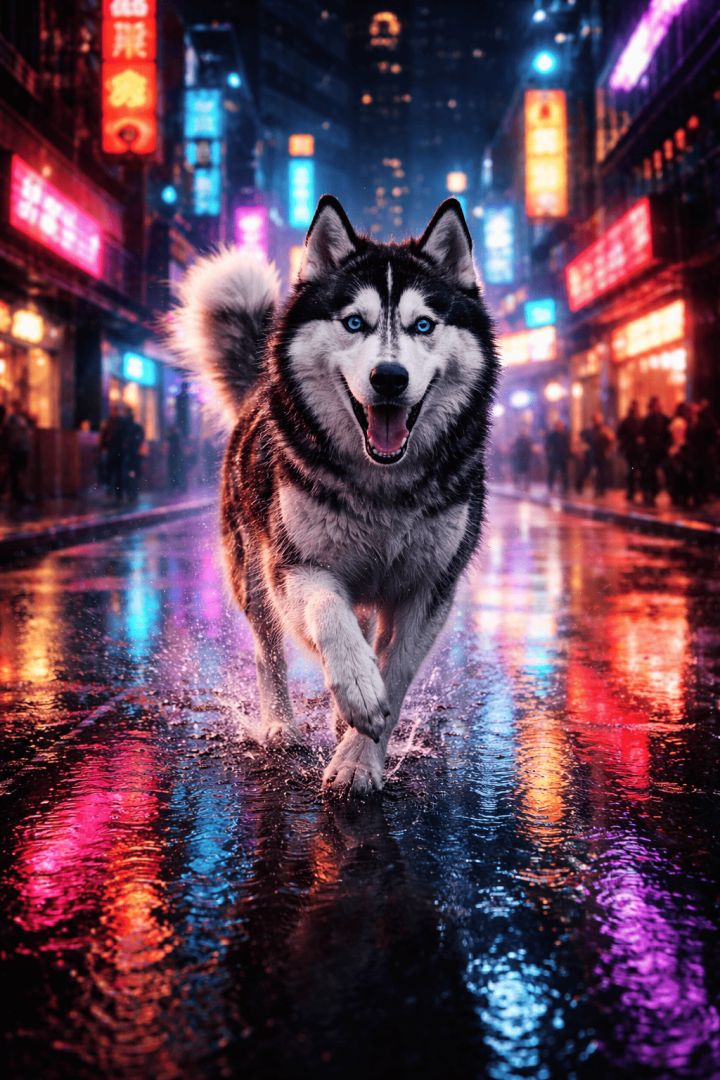 Cyberpunk Husky in neon rain wallpaper