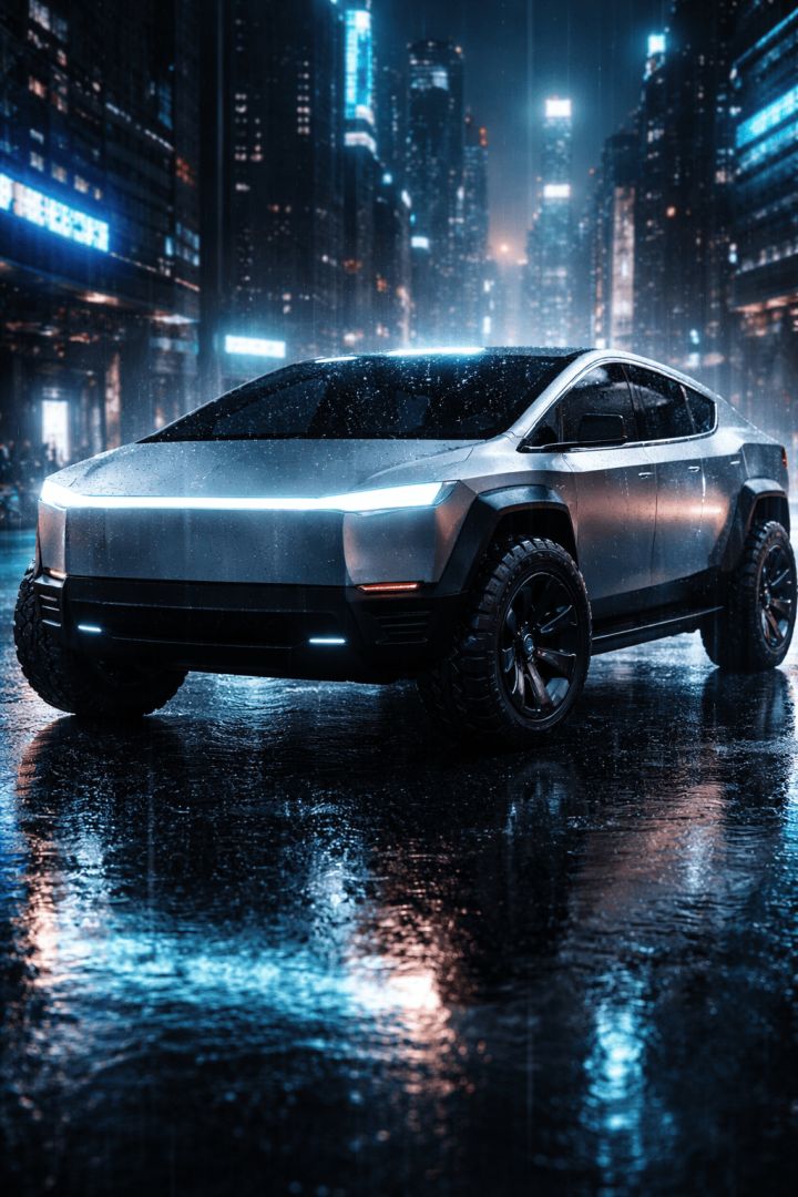 Cybertruck under neon rain at night wallpaper