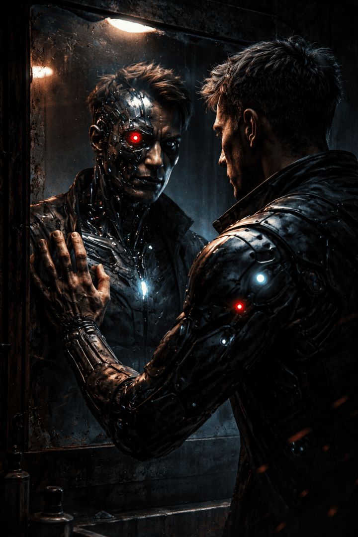 Cyborg reflection in a dim room game wallpaper