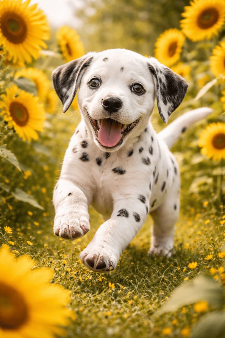 Dalmatian puppy in sunflower garden dog wallpaper