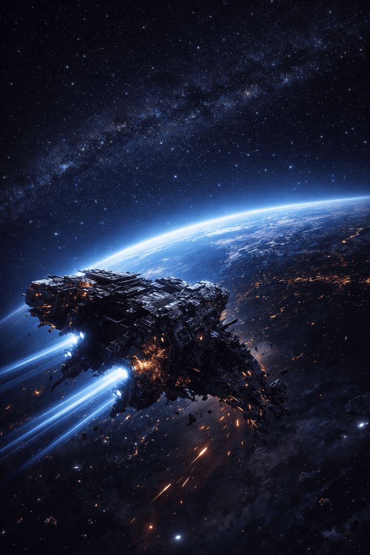 Damaged spaceship drifting above Earth space wallpaper