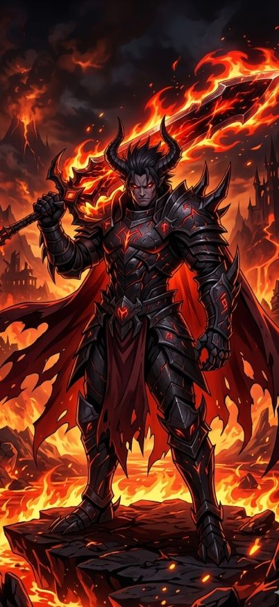 dark demon lord with flaming sword anime wallpaper