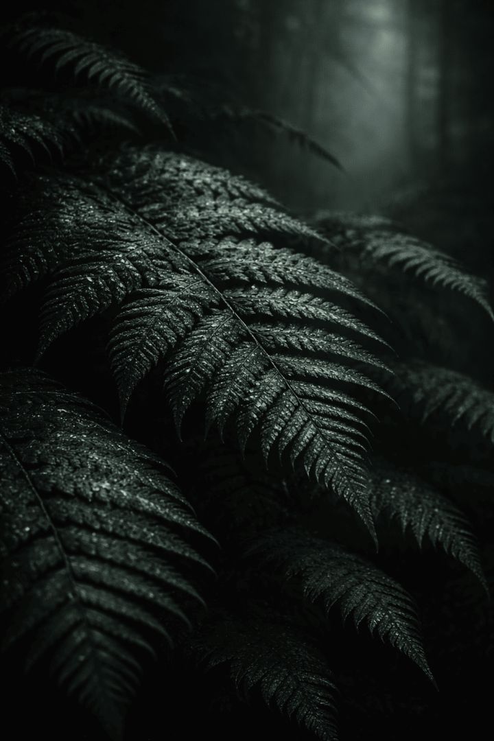 Dark Fern Leaves in Misty Forest – Moody Nature Wallpaper 4K AMOLED 🌿🌫️ wallpaper