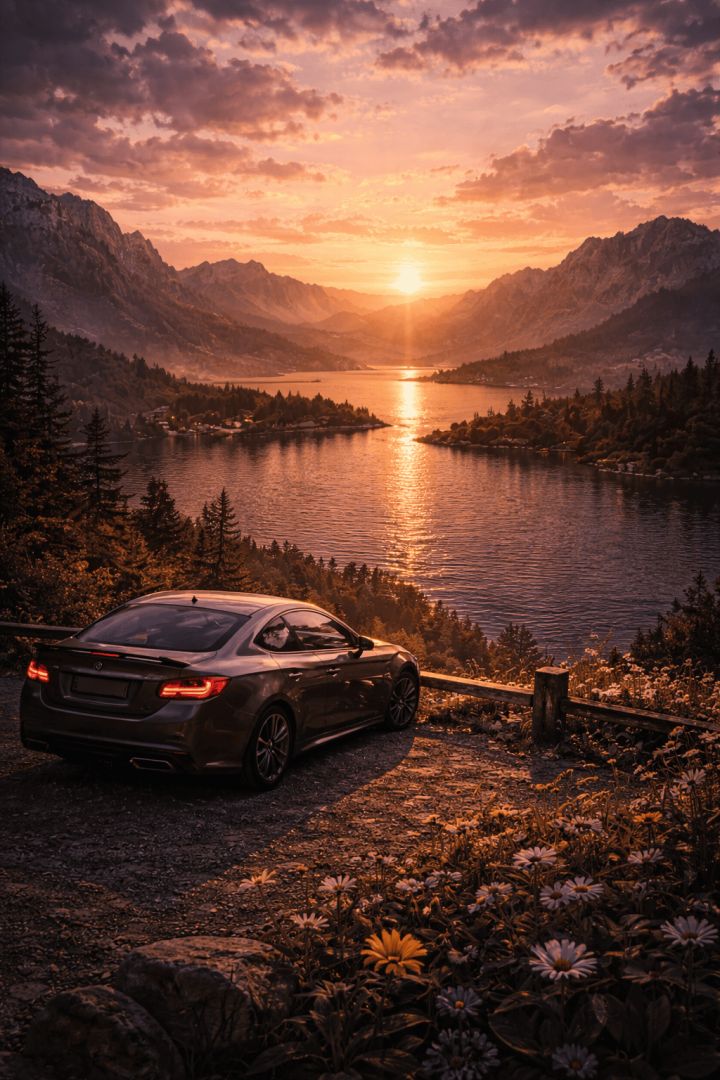 sunset-over-alpine-lake-with-sport-car-wallpaper-patakapix wallpaper