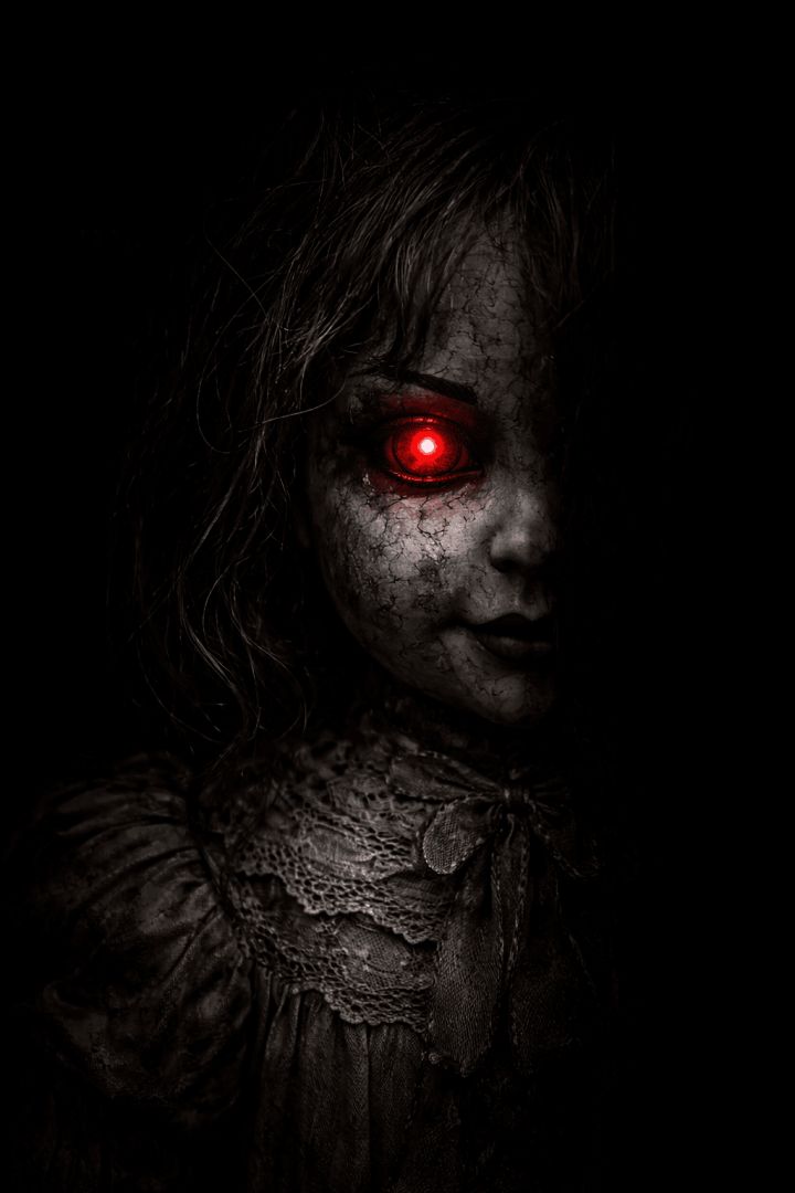 Demon in a stormSinister porcelain doll with red eyesy sky wallpaper