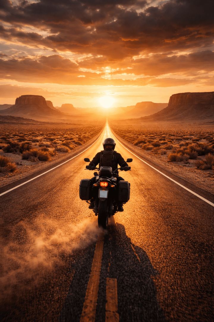 Desert ride towards the setting sun wallpaper