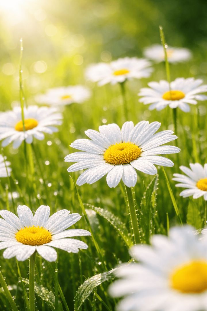 Dewy daisies in morning light flowers wallpaper