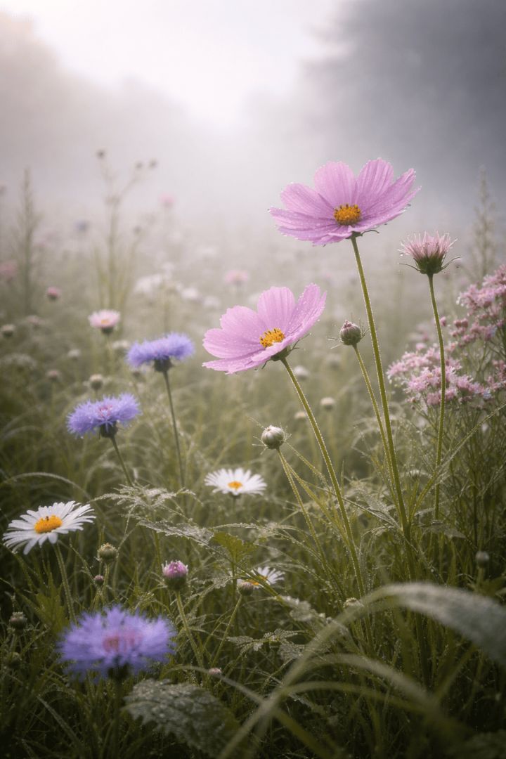 Dewy morning meadow with wildflowers flowers wallpaper