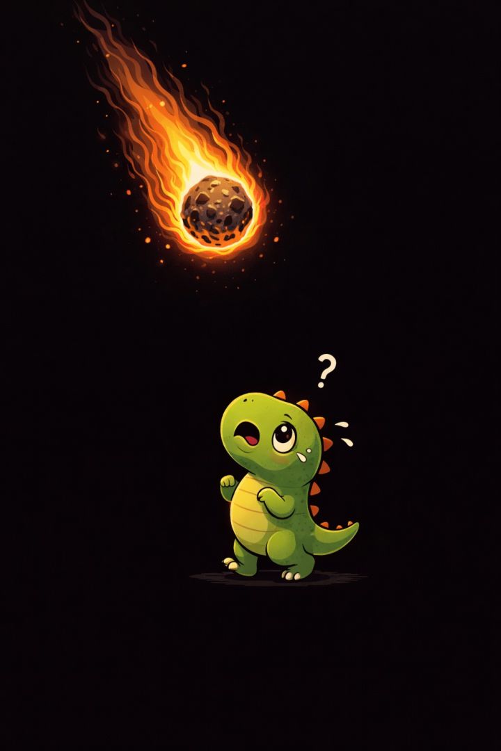 Dinosaur faces fiery meteor in confusion funny wallpaper