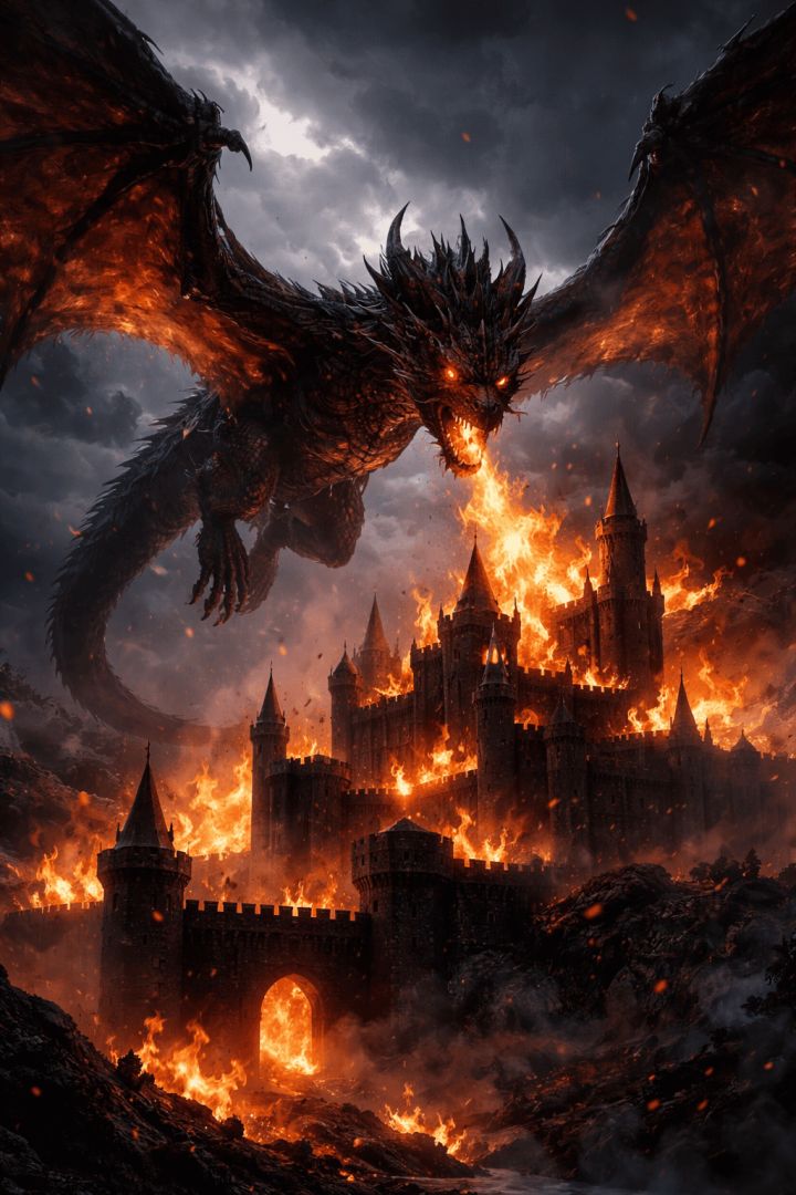 Dragon over burning castle at night wallpaper