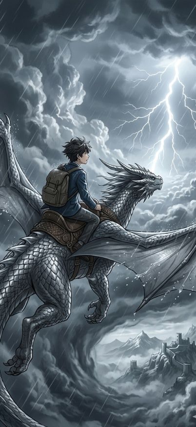 dragon rider soaring through storm clouds anime wallpaper