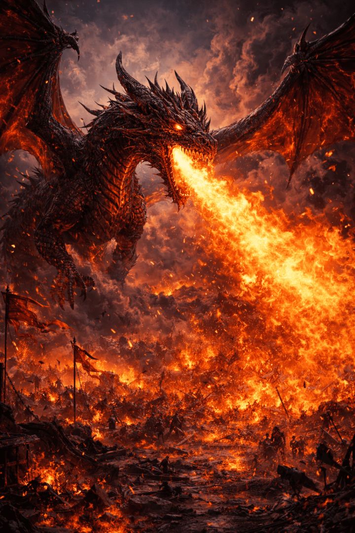 Dragon's fury over a burning battlefield wallpaper