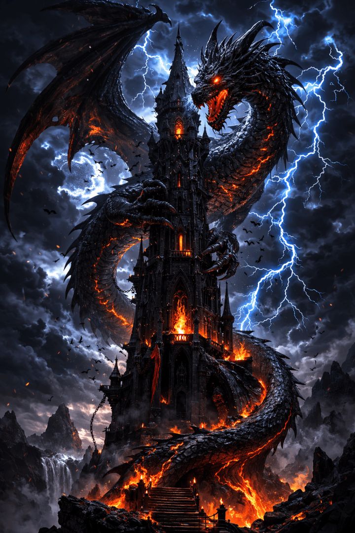 Dragon's wrath over ancient tower wallpaper