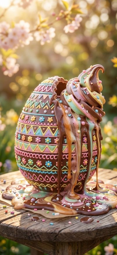 Easter egg melting like ice cream in warm sunlight wallpaper