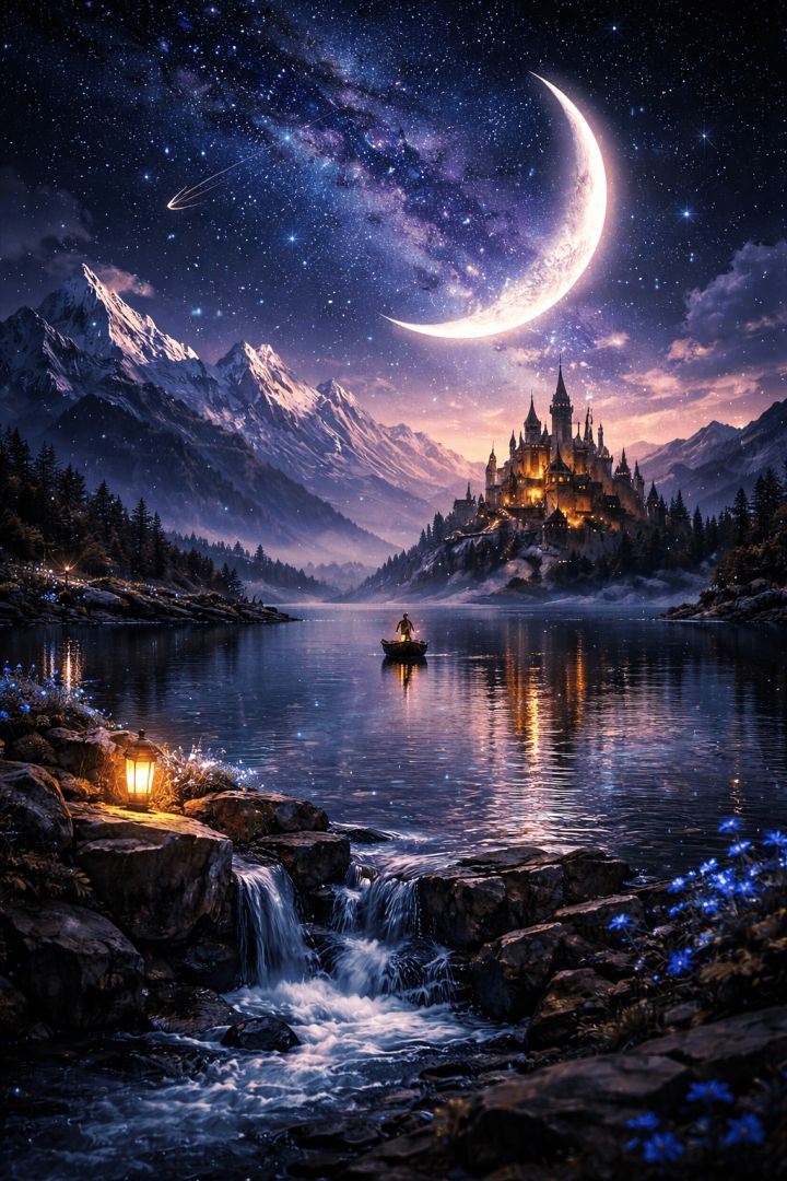 Moonlit lake with castle and boat wallpaper patakapix wallpaper