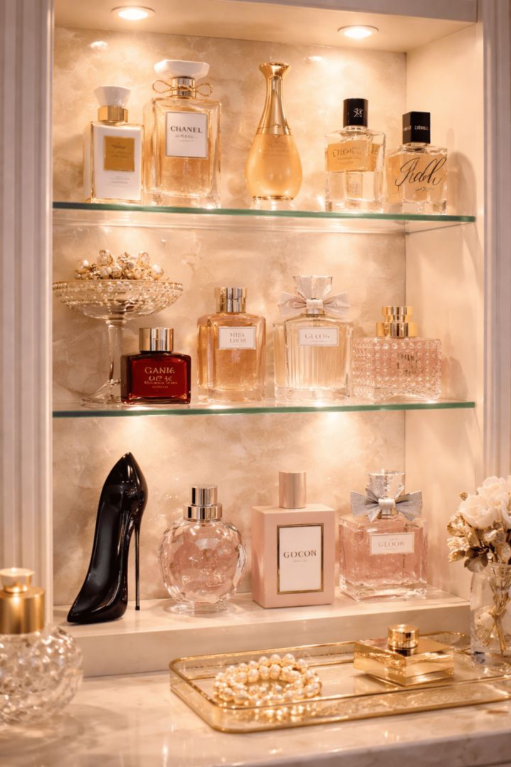 Elegant display of luxury perfumes luxurious life wallpaper