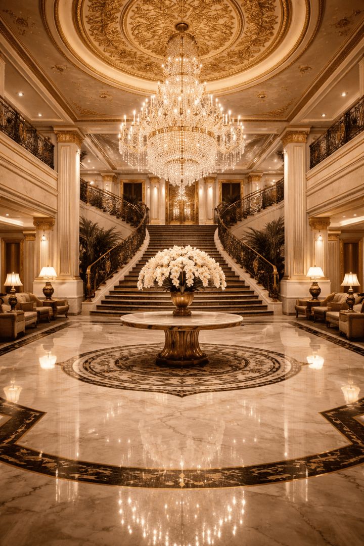 Elegant hotel lobby with grand chandelier wallpaper