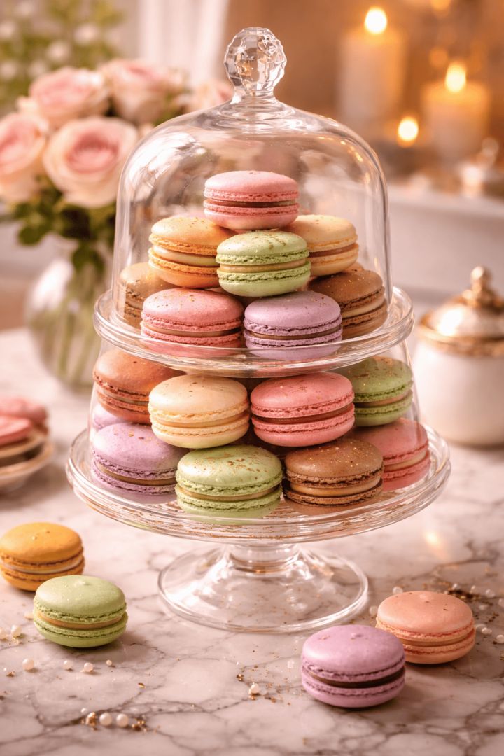 Elegant macaron display under cloche food wallpaper