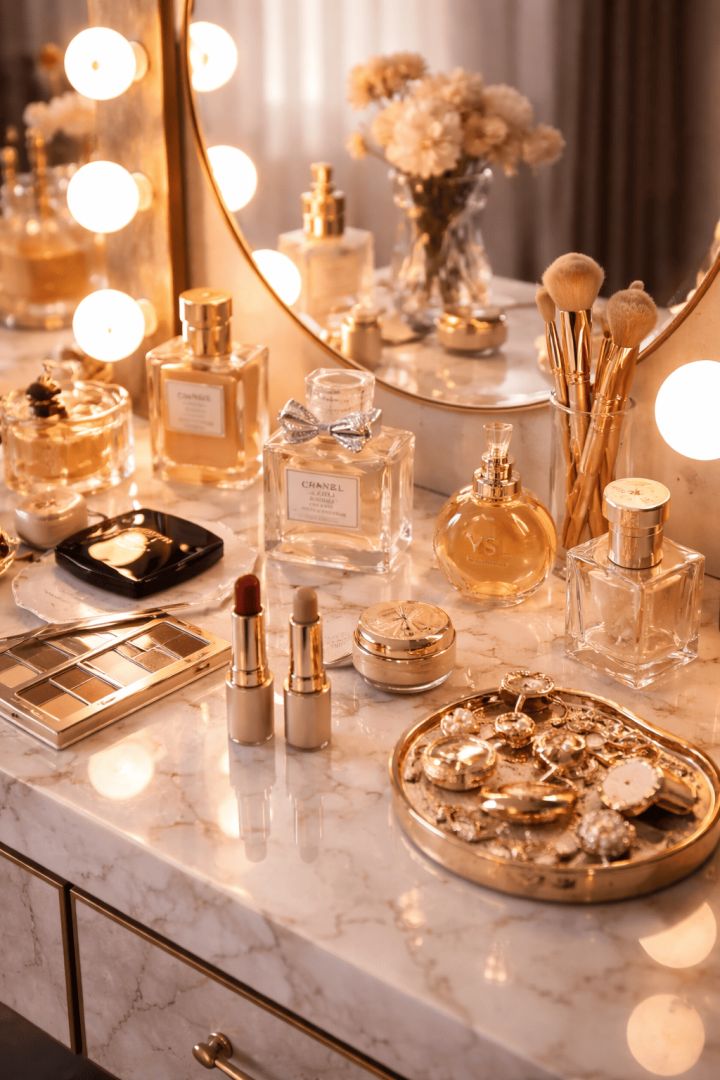 Elegant vanity with luxury accessories luxurious life wallpaper