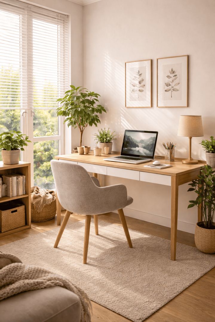 erene and minimalist home office setup calm wallpaper