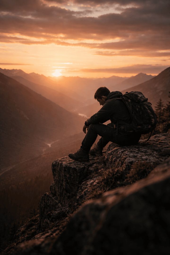 Exhausted hiker at sunset cliff wallpaper