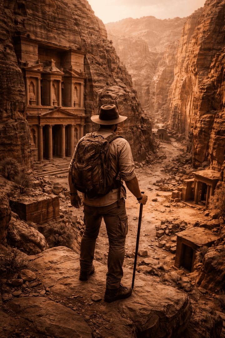 Explorer gazing over Petra at sunset wallpaper