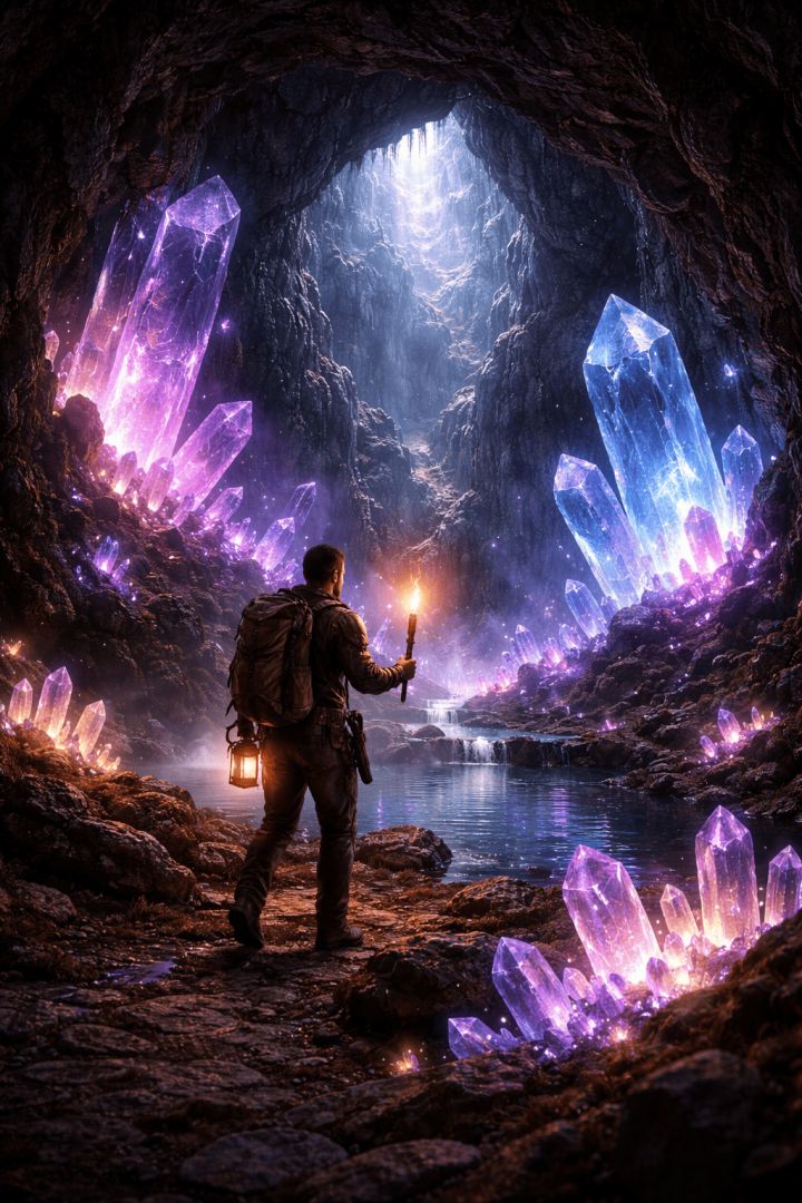 Explorer in radiant crystal cave adventure wallpaper