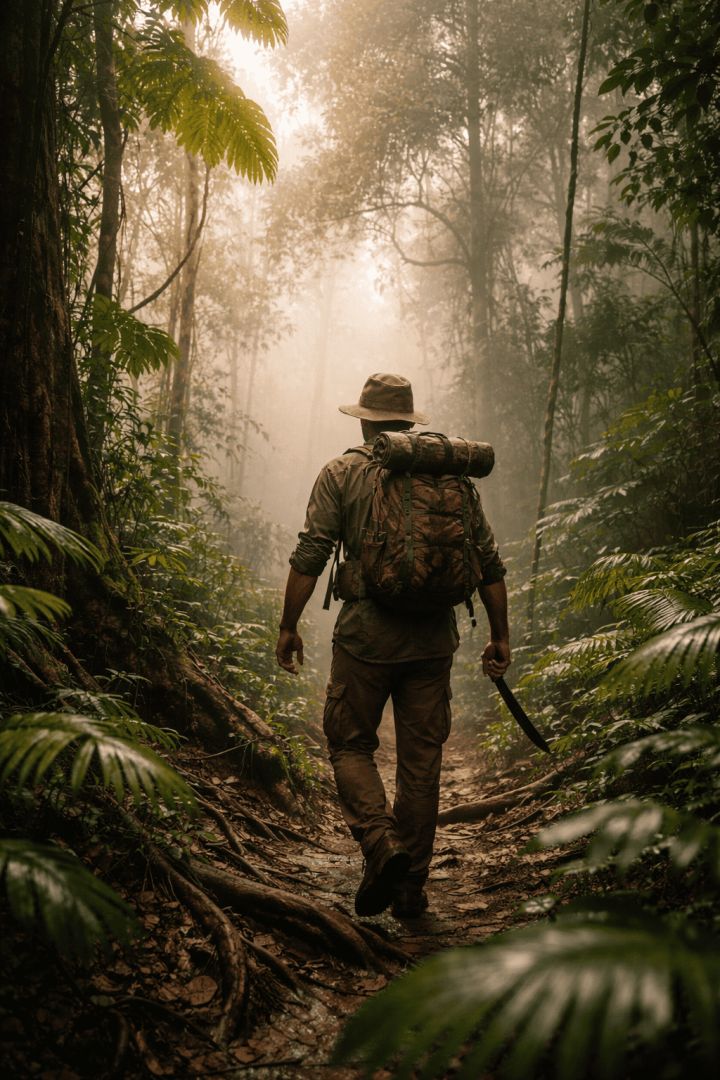 Explorer in the misty Amazon rainforest wallpaper