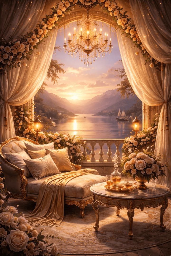 Elegant sunset view from grand balcony wallpaper patakapix wallpaper