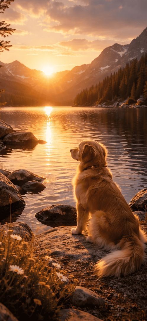 Golden retriever by a sunset lake iphone wallpaper patakapix wallpaper