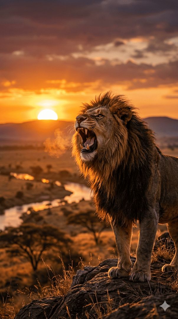 fierce lion roaring at sunset wild wallpaper