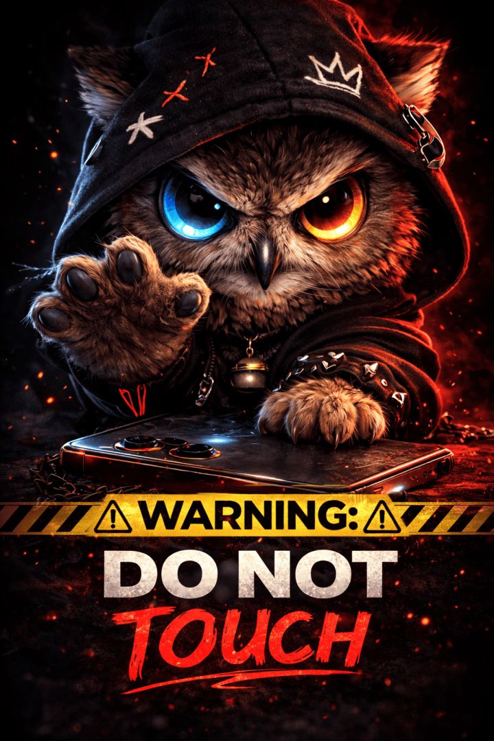 Fierce Owl Guarding Phone with Glowing Eyes – Warning Do Not Touch Wallpaper wallpaper