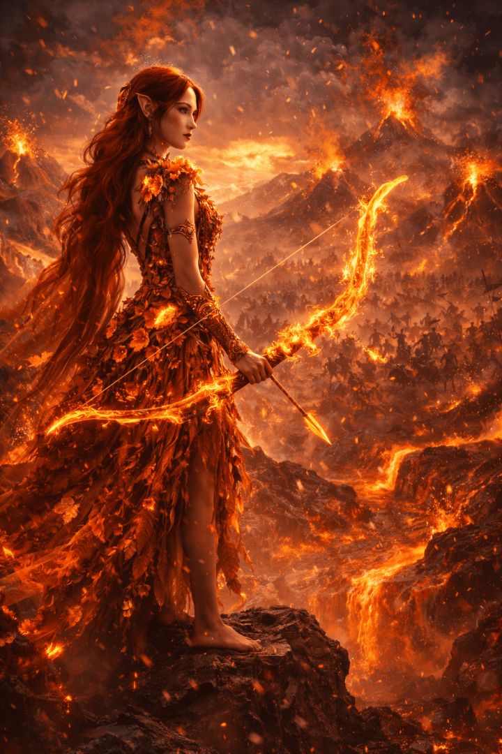 Fiery elf warrior amidst volcanic chaos wallpaper