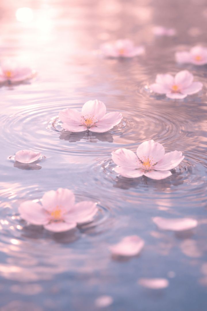 Floating cherry blossoms on calm water wallpaper