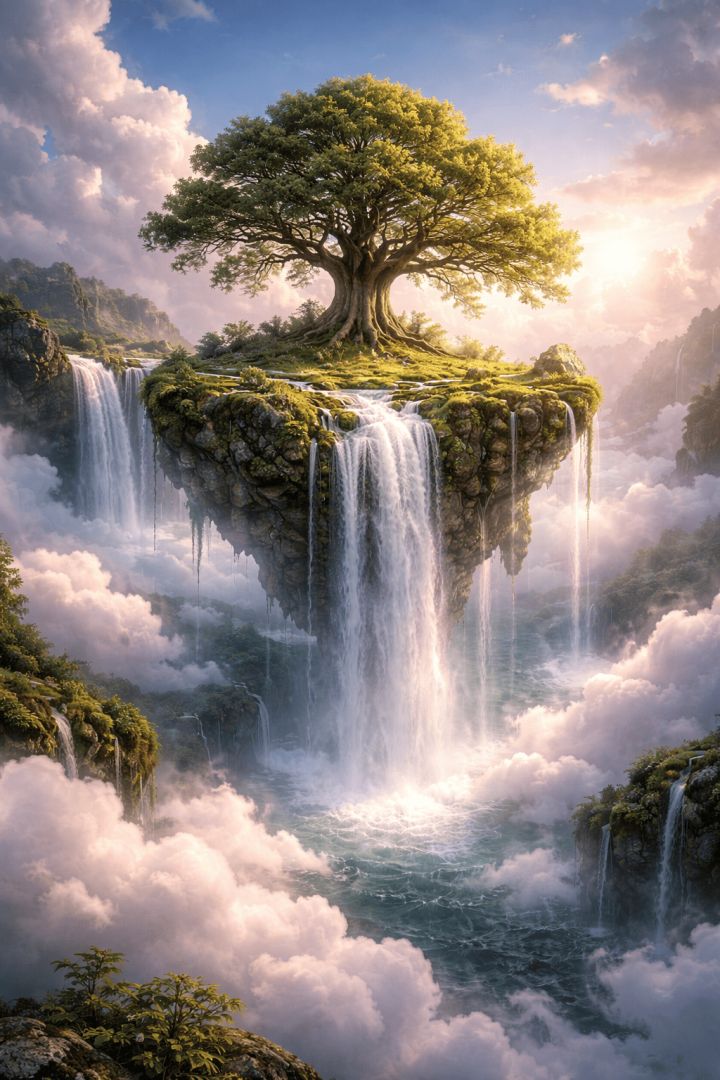Floating island with ancient tree wallpaper